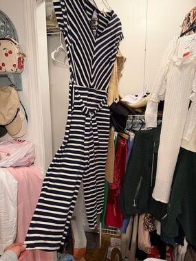 Monteau Navy and White Striped Sleeveless Jumpsuit